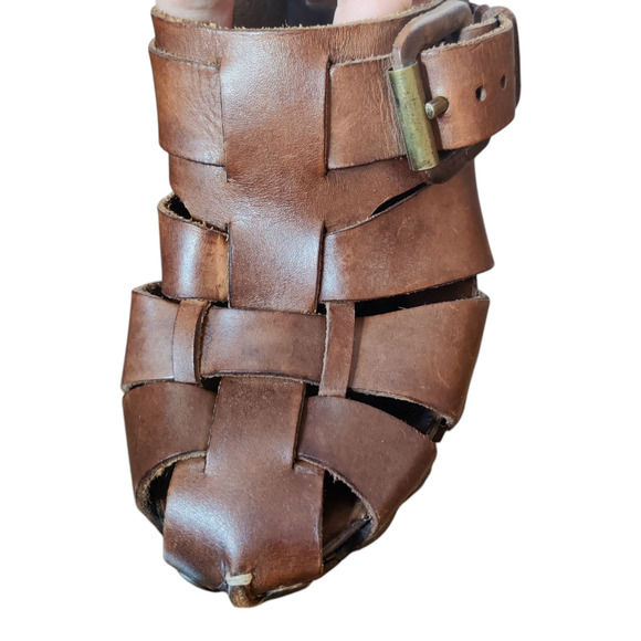 MOMA Italian Brown Leather Woven Platform Mules Size 38 Side Buckle Y2K Style - Picture 7 of 11